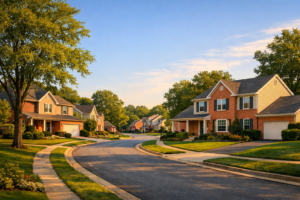 Suburban sunset on a quiet street in Lanham, Maryland.